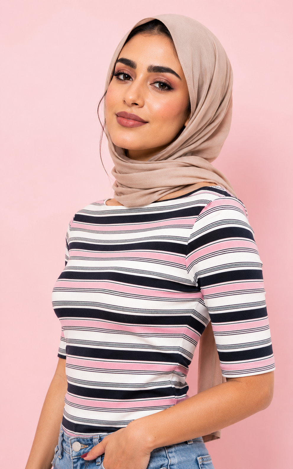 Boat Neck Striped Top Multi Pink