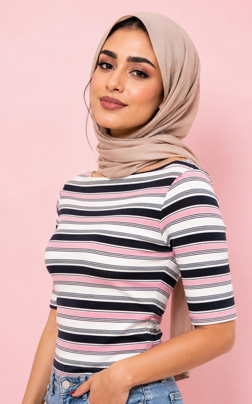 Boat Neck Striped Top Multi Pink