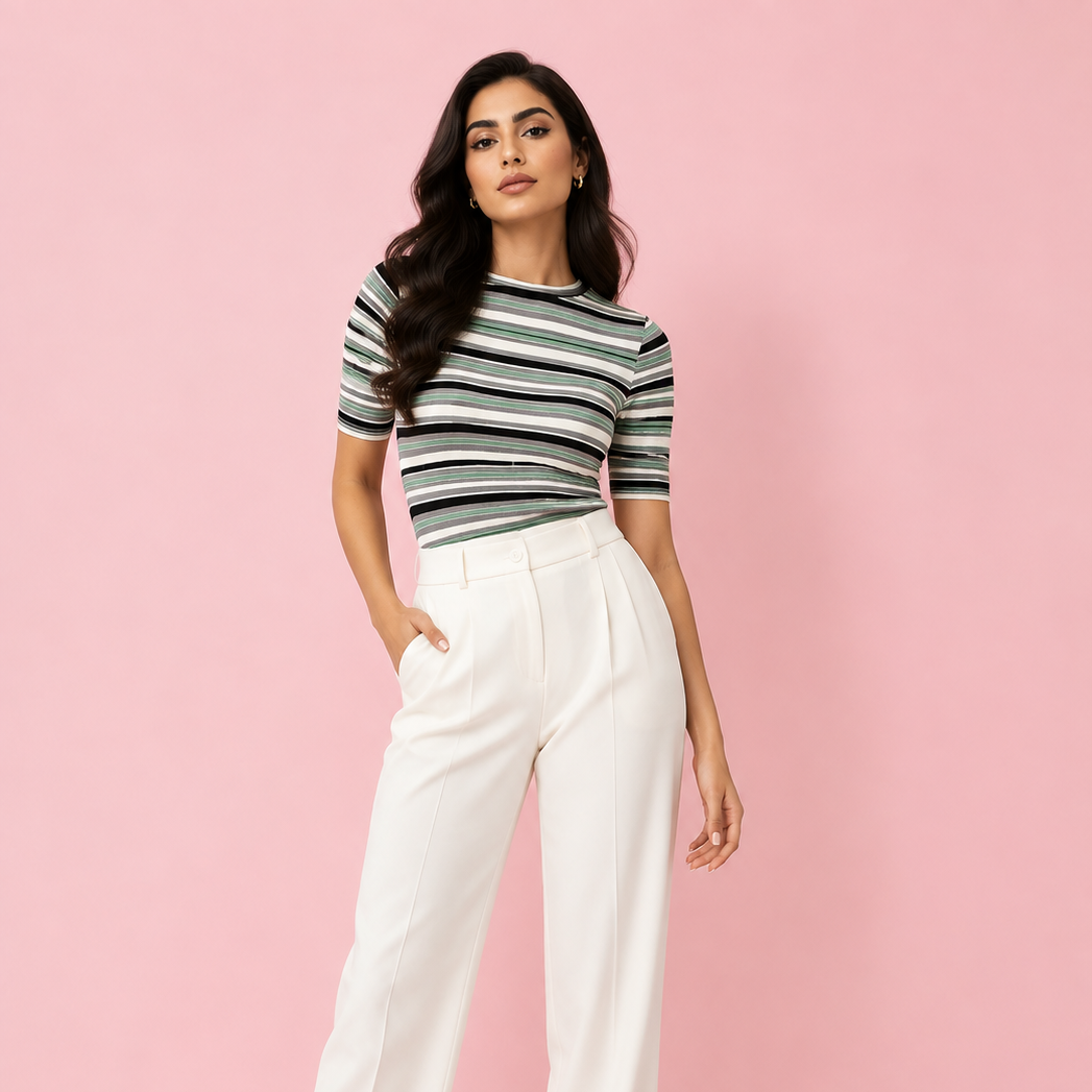 Boat Neck Striped Top Multi Green
