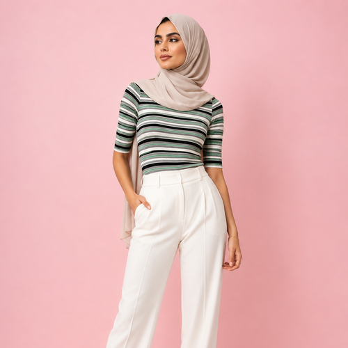 Boat Neck Striped Top Multi Green