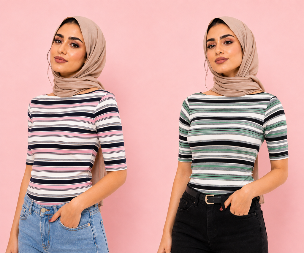 Boat Neck Striped Top Multi Pink