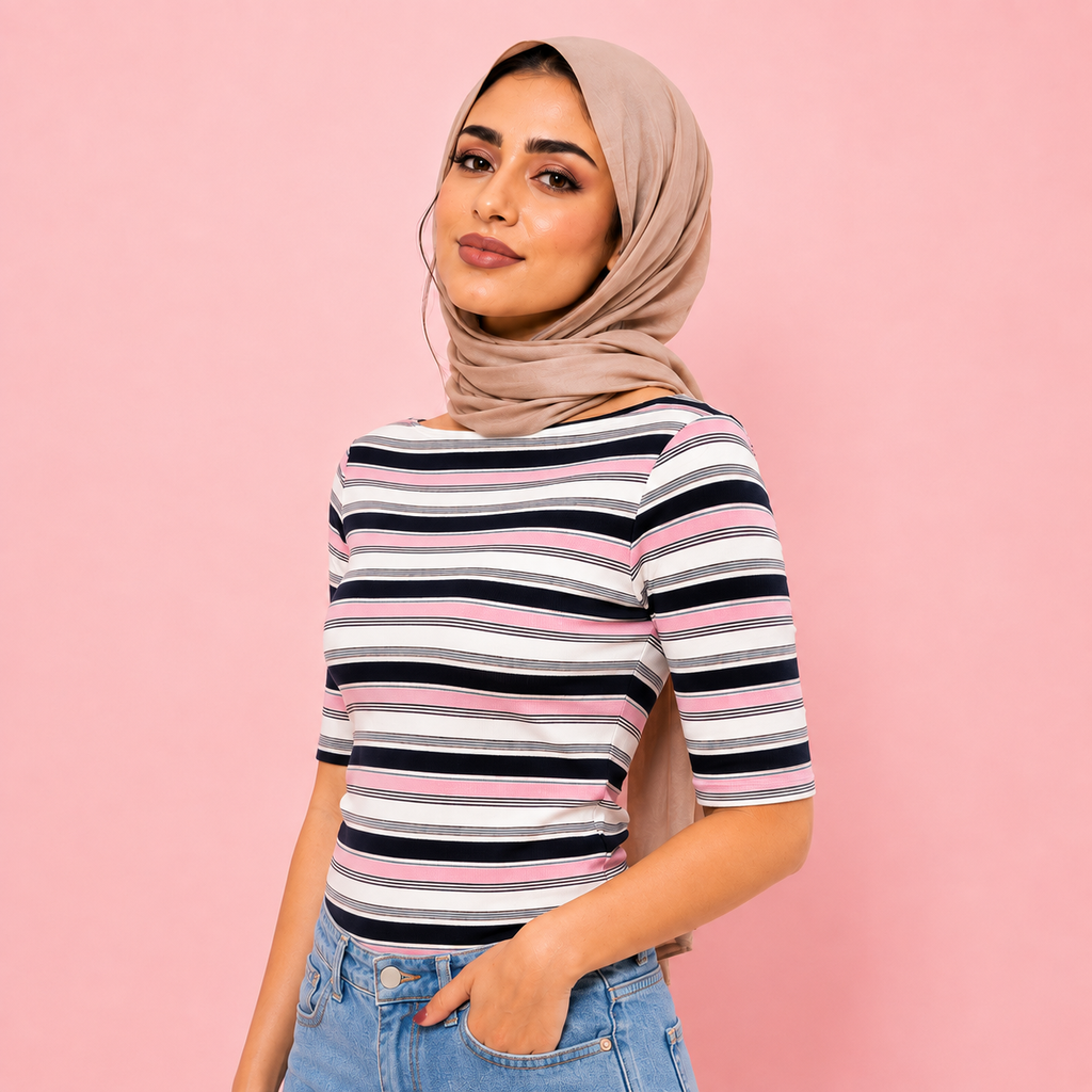 Boat Neck Striped Top Multi Pink