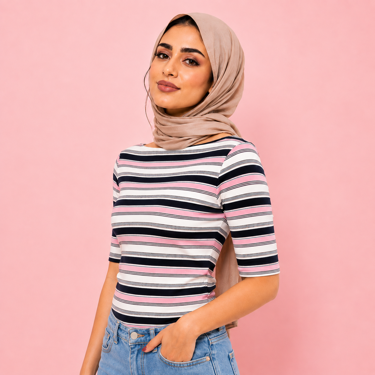 Boat Neck Striped Top Multi Pink