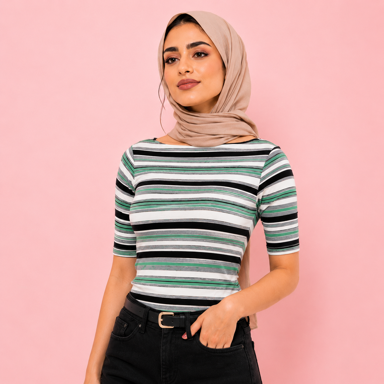 Boat Neck Striped Top Multi Green